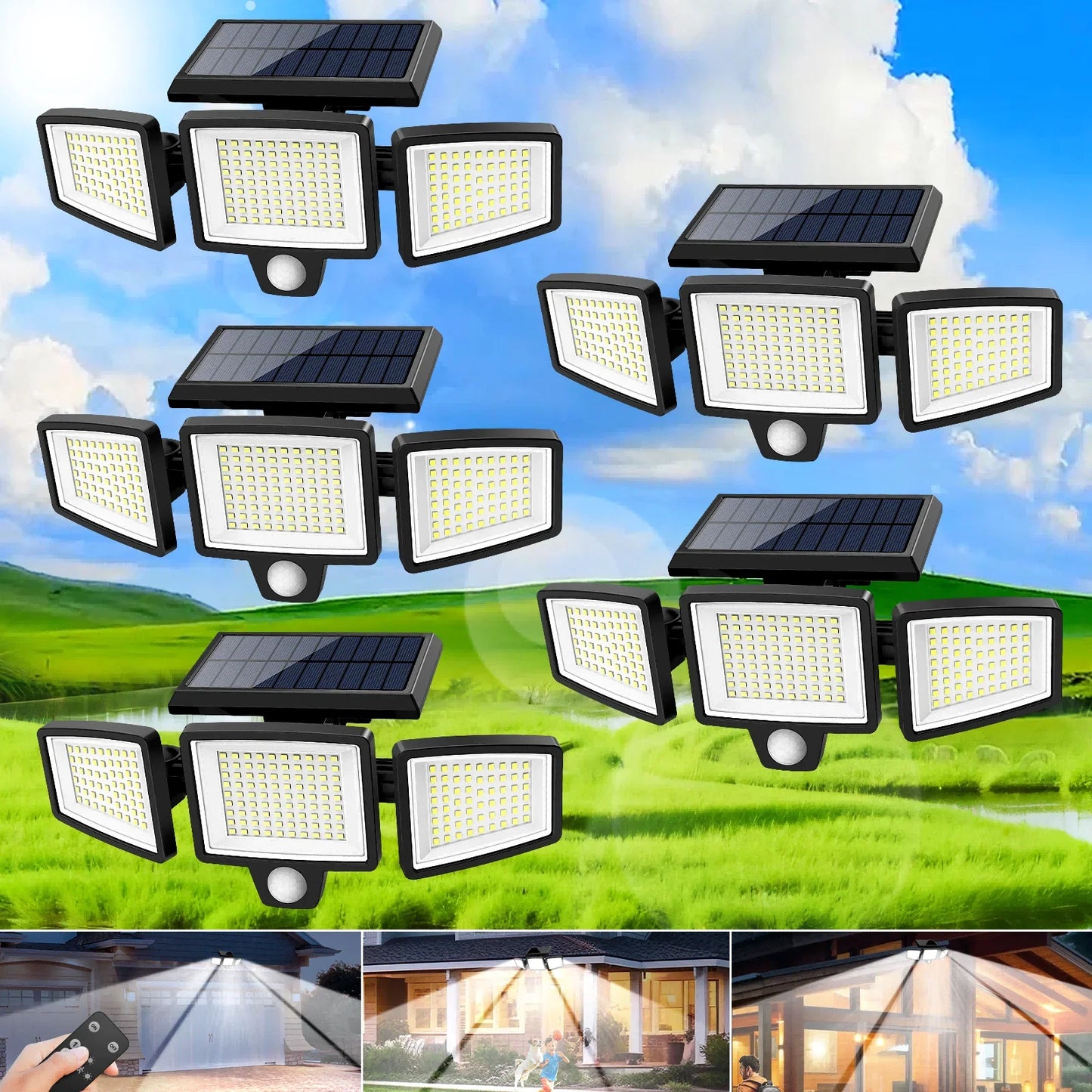 (5/4/3/2/1PCS)IP65Waterproof 3Heads Solar Outdoor Light, 210LED 2500LM Motion Sensor Security Light with Wireless Remote Control