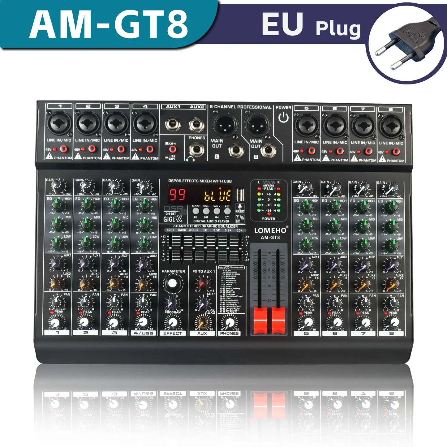 LOMEHO 7 Band EQ Audio Sound Mixer Table 6/8 Channel Mixing DJ Console with USB 2 AUX Output Individual 48V 99 Effect AM-GT6/8