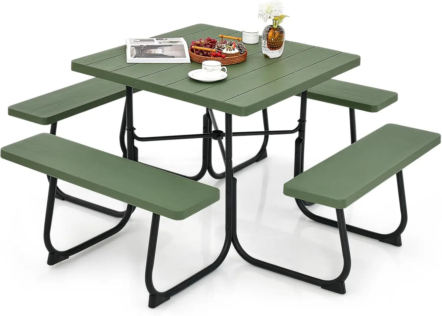 8 Person Picnic Table, Outdoor Square Picnic Table with 4 Built-in Benches, Umbrella Hole, Metal Frame & HDPE Tabletop, Outside