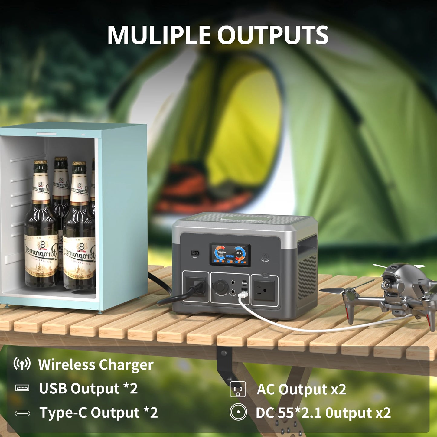 Portable Power Station 665.6Wh LiFePO4 Battery with 2x 600W AC Outlets(Surge 1800W) for Outdoor Camping RV Home Music Player