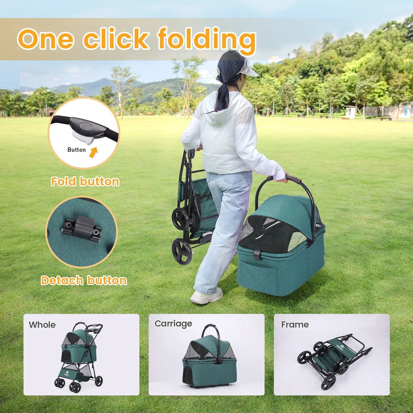 Wedyvko Portable Cart for Small Dogs One-Click Folding Clip Stroller with Basket