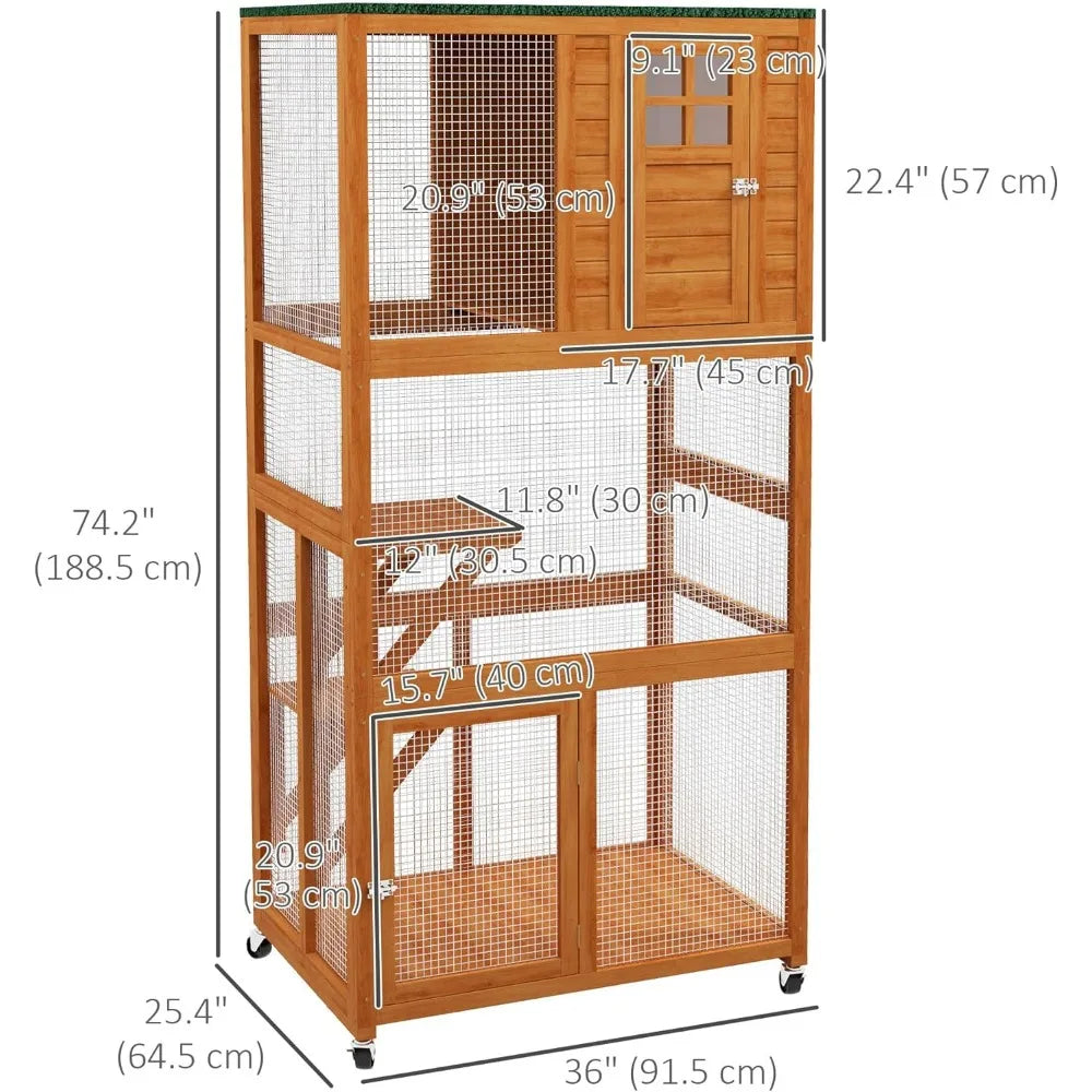 74" Wooden Catio Outdoor Cat House Weatherproof & Wheeled, Outside Cat Enclosure with High Weight Capacity, Kitten Cage Condo,