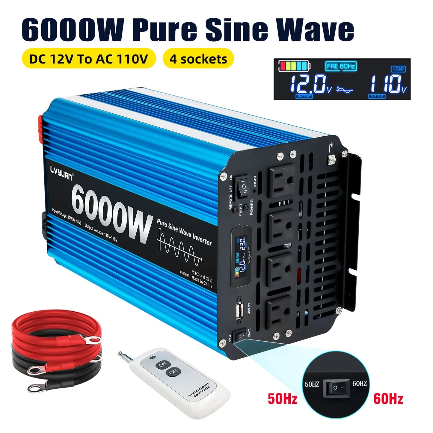 DC12V AC110V 6000W Pure Sine Wave US Socket Off Grid Power Generation System Professional Power Inverter