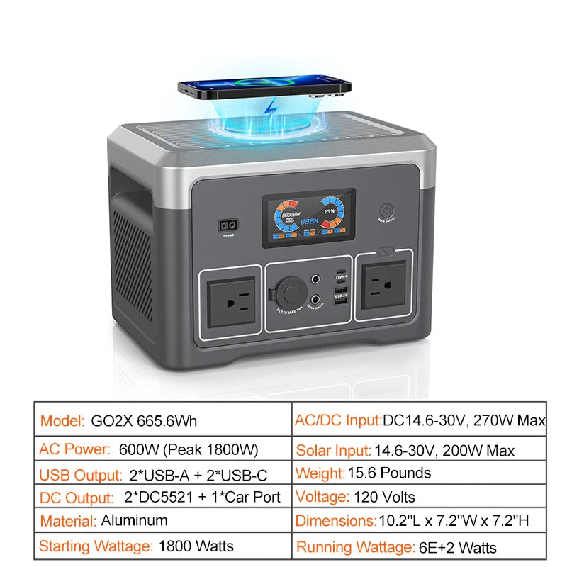 Portable Power Station 665.6Wh LiFePO4 Battery with 2x 600W AC Outlets(Surge 1800W) for Outdoor Camping RV Home Music Player