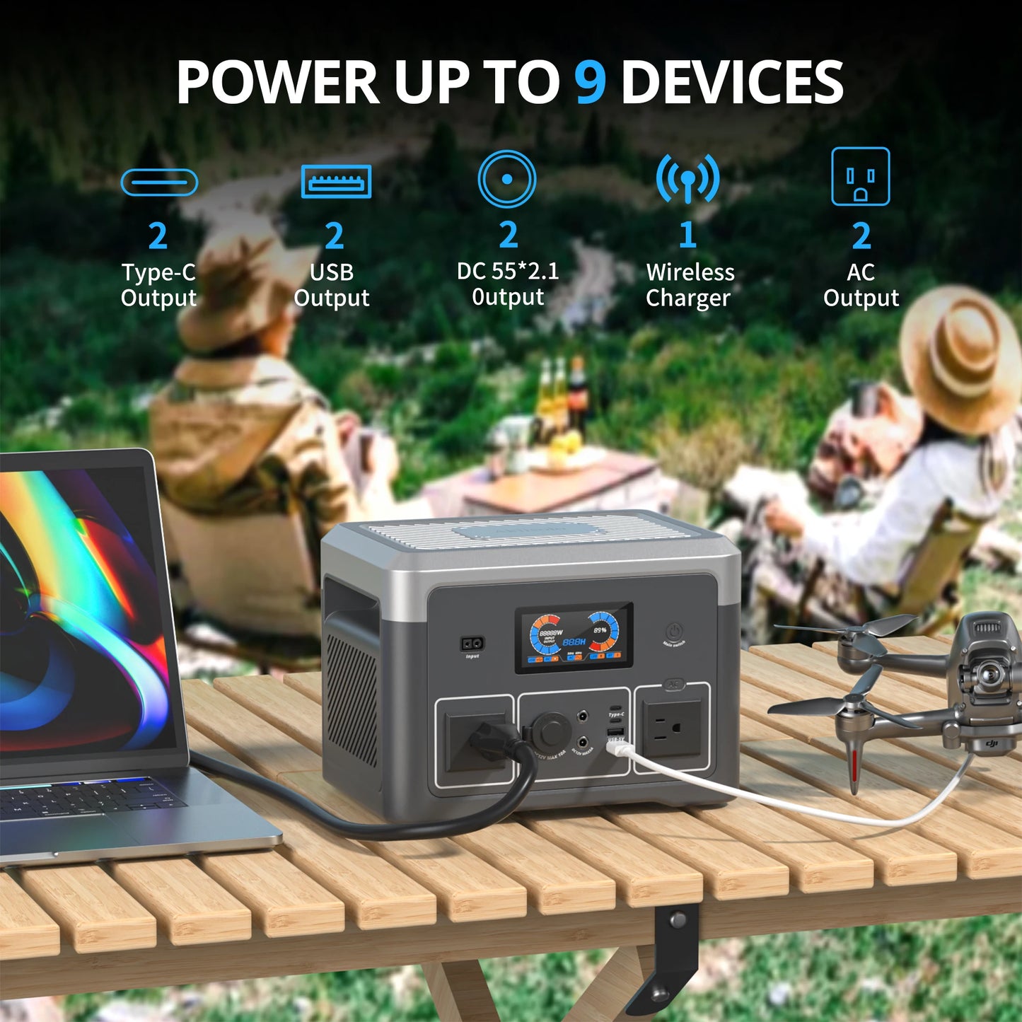 Portable Power Station 665.6Wh LiFePO4 Battery with 2x 600W AC Outlets(Surge 1800W) for Outdoor Camping RV Home Music Player