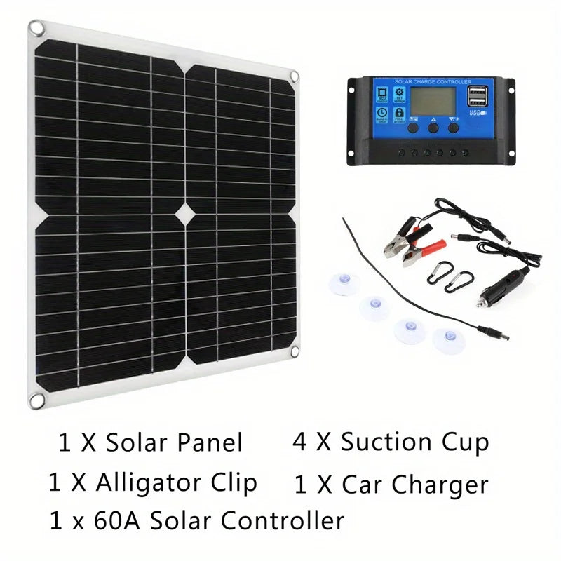 1Pc DC 12V-18V solar panel kit with 60A controller,USB and 5V solar charger, used for power bank, car, boat, outdoor RV, camping