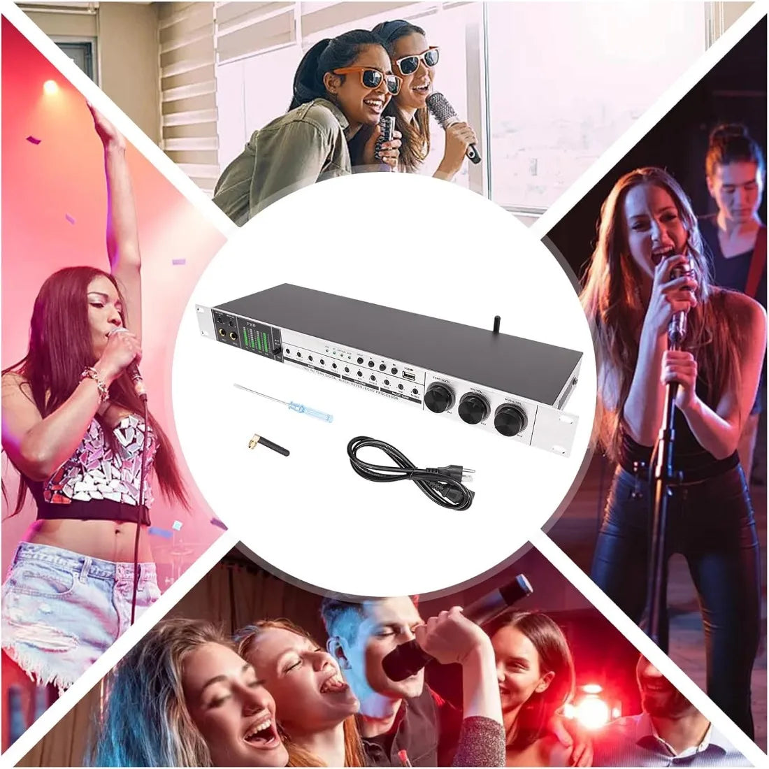 Professional 4-Mic Karaoke Mixer, Non-slip, Ati-howling, Bluetooth & USB & Optical Audio with Anti-Feedback & EQ Controls