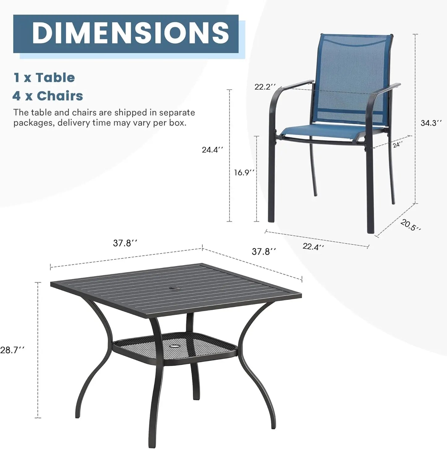 5 Pieces Outdoor Dining Table Chair Set, Patio Dining Set with 1 Black Square Curved Legs Table with and Umbrella Hole