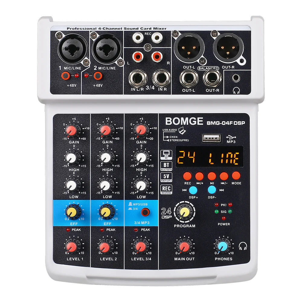 BBOMGE 4 Channel 24 DSP DJ Audio Sound Mixer Interface Mixing Console Desktop Karaoke with MP3 Input USB Bluetooth Input Stereo