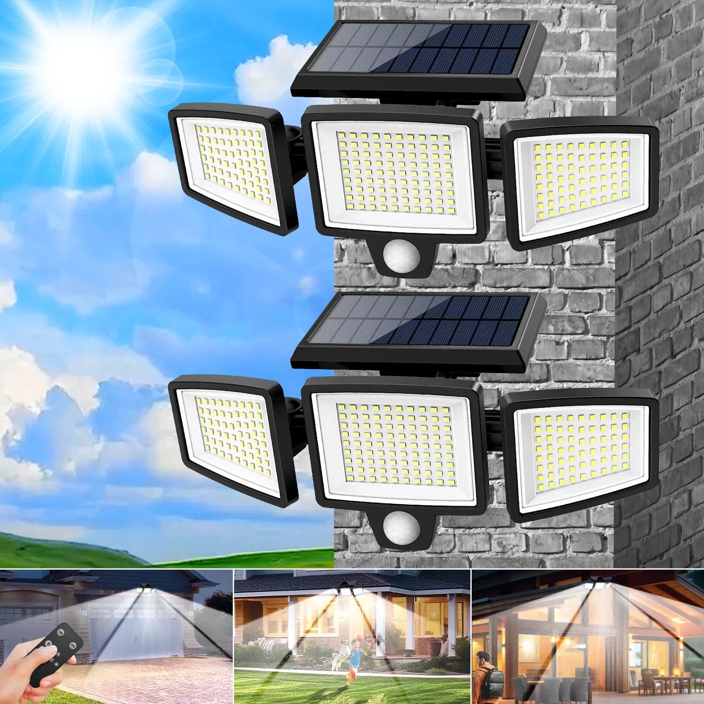 (5/4/3/2/1PCS)IP65Waterproof 3Heads Solar Outdoor Light, 210LED 2500LM Motion Sensor Security Light with Wireless Remote Control