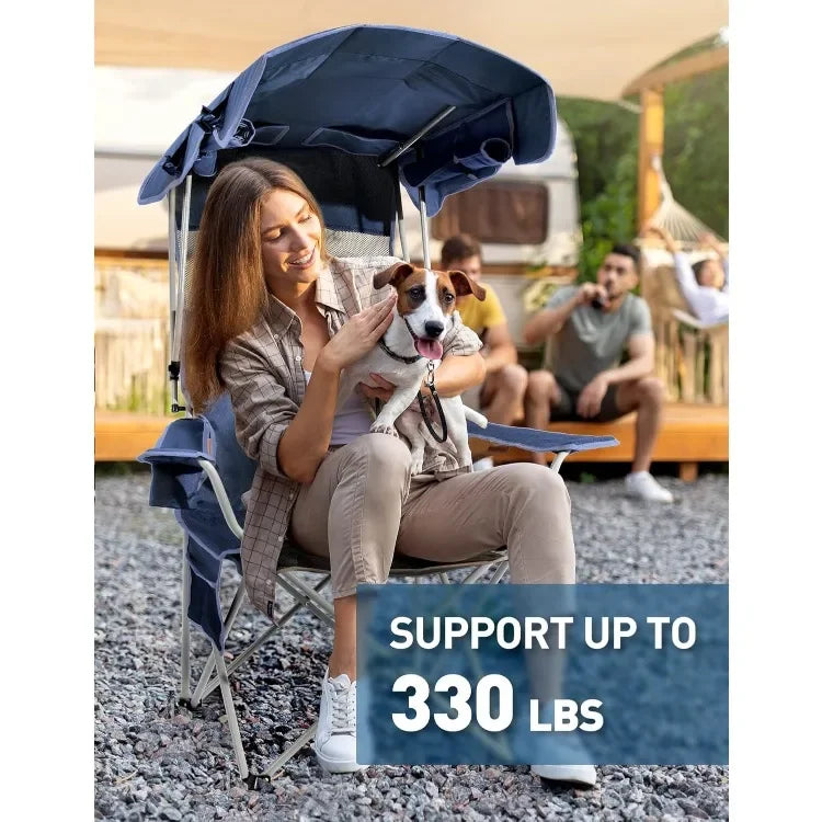 Popular Beach Chair with Canopy Shade, Folding Camping Chair with Canopy with Cup Holder, Side Pocket for Camp, Beach, Tailgates