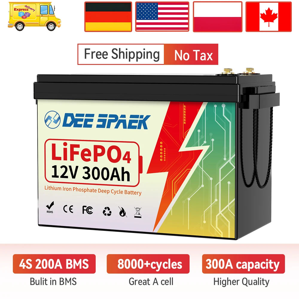 12V 300Ah LiFePO4 Lithium Battery With 200A BMS 8000+ Cycles For RV Campers Off-Road Off-Grid Fishing Boats Solar System Battery