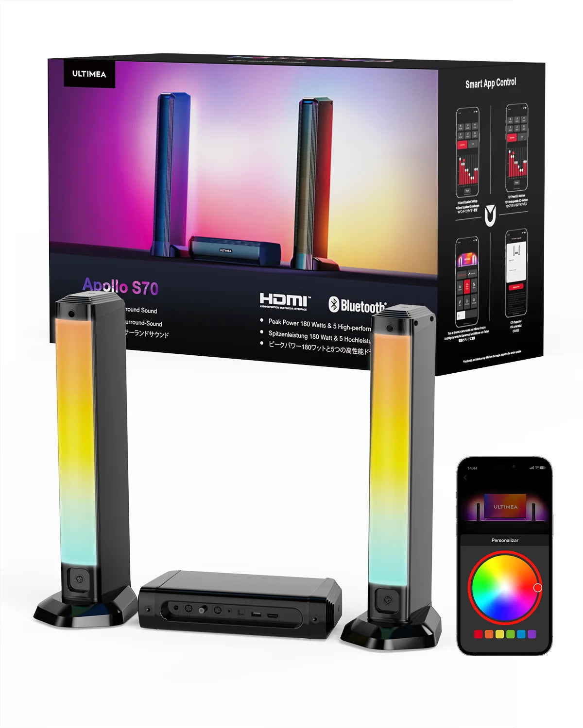 ULTIMEA 5.0ch Sound Bar for Smart TV, PC Soundbar with RGB Light, Detachable Soundbar for TV with App Control, HDMI-ARC/OPT/AUX