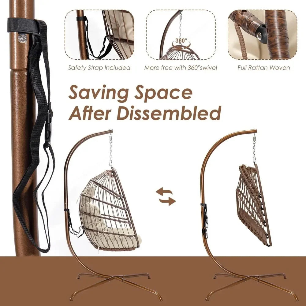 Swing Egg Chair Indoor Outdoor Patio Wicker Hanging Chair with Stand All Weather Egg Hammock Chairs with Cushions Swinging Chair