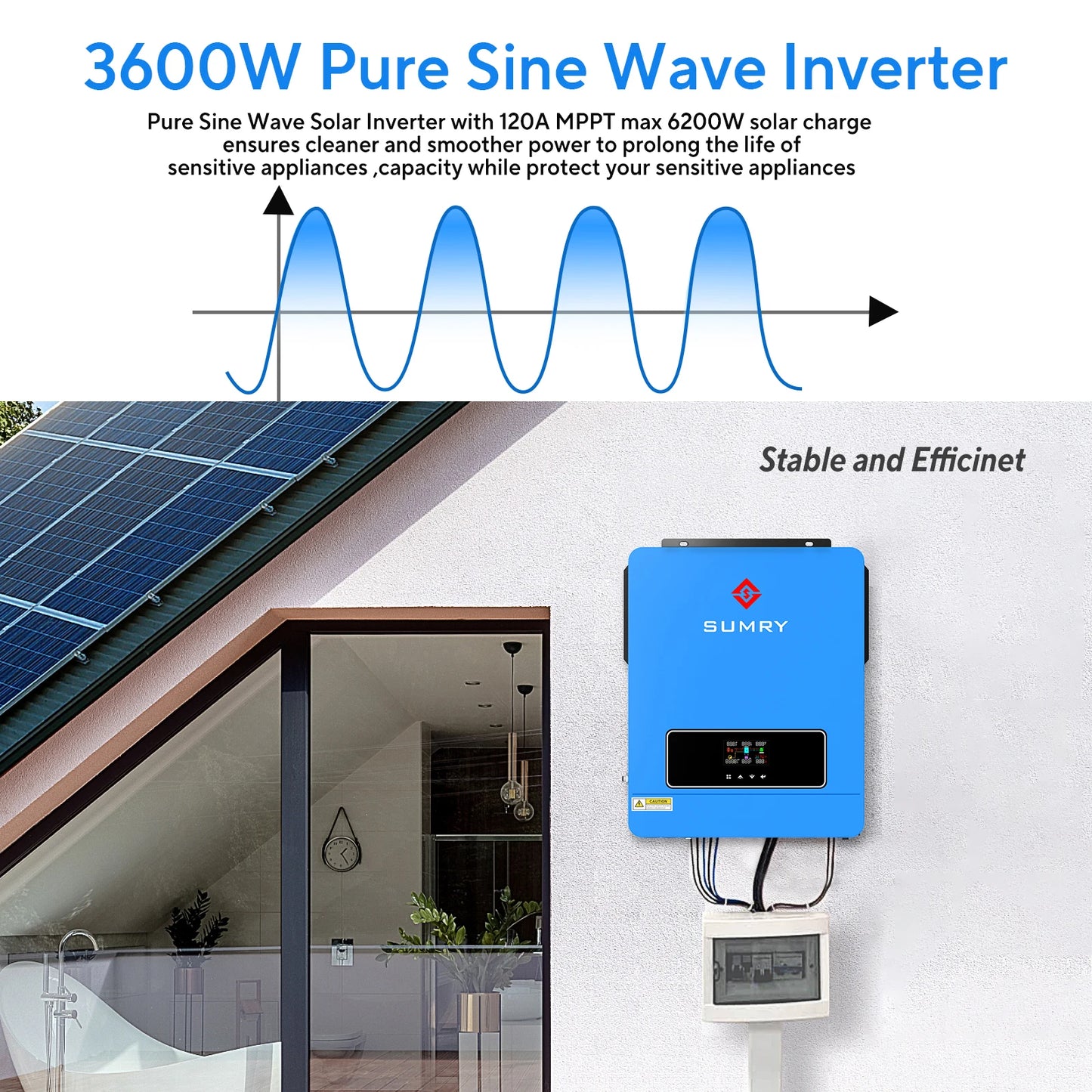 Sumry 3600W Hybrid Solar Inverter 24V 110V Pure Sine Wave on/Off Grid Inverter with MPPT 120A Solar Charge Controller for Home