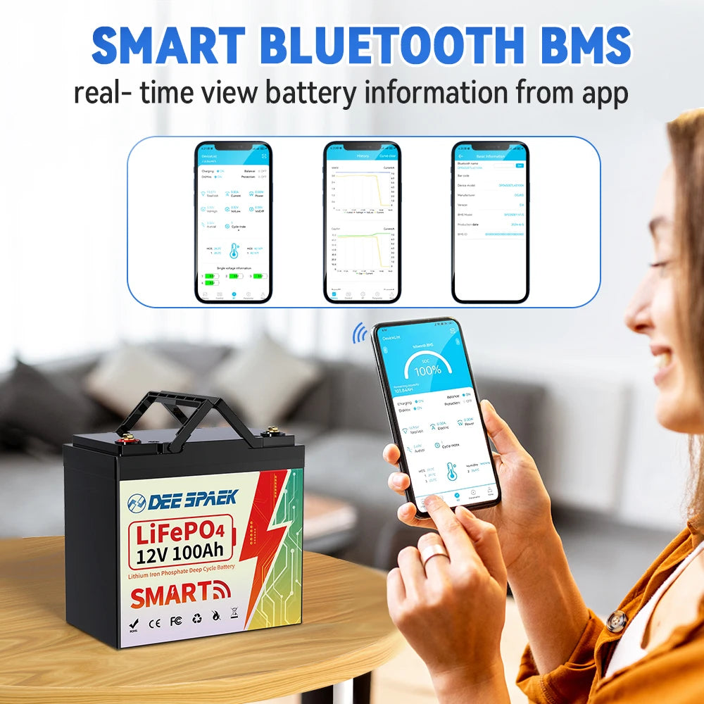 12V 100AH LiFePO4 Battery Pack BMS 100A For Solar Boat RV Camping Solar Trolling Motor Bluetooth Lithium Iron Phosphate Batteria