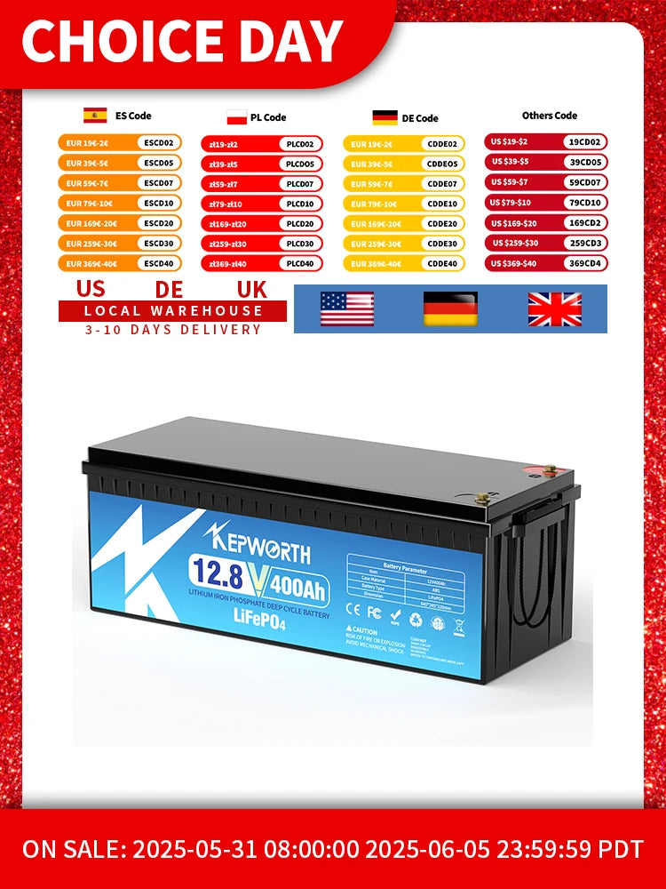 12V 400Ah LiFePO4 Battery with 200A BMS, up to 6000+ Deep Cycles, Grade A Cells, for Trolling Motor, Boat, Rv, Solar, Off-Grid