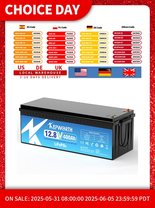 12V 400Ah LiFePO4 Battery with 200A BMS, up to 6000+ Deep Cycles, Grade A Cells, for Trolling Motor, Boat, Rv, Solar, Off-Grid