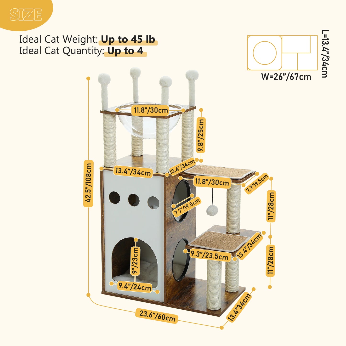 Modern Cat Tree Wooden Cat Tower with Scratching Posts Large Condo Capsule Nest and Dangling Balls