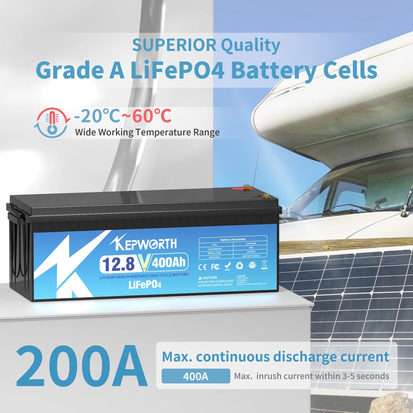 12V 400Ah LiFePO4 Battery with 200A BMS, up to 6000+ Deep Cycles, Grade A Cells, for Trolling Motor, Boat, Rv, Solar, Off-Grid