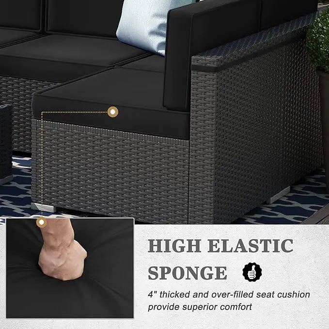 8 Pieces Patio Furniture Set with 44" Propane Gas Fire Pit Table, Outdoor Sectional Wicker Conversation Sofa Sets with Coffee Ta