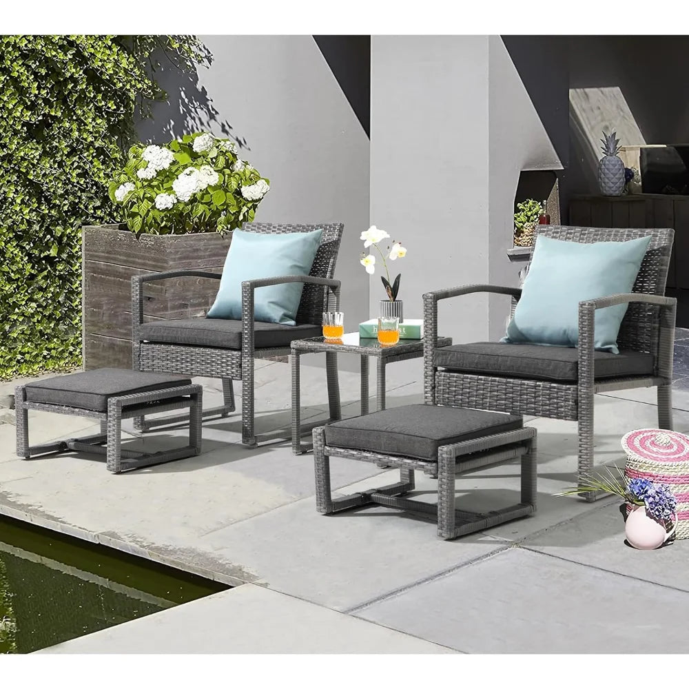 5 Piece Outdoor Patio Wicker Furniture Set, All Weather Grey PE Rattan Chair and Ottoman Footstool Set W/Coffee Table