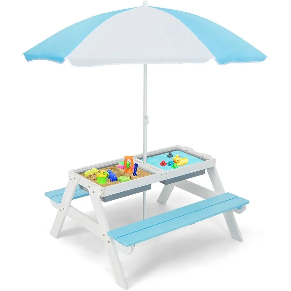 Kids Picnic Table,  Table w/ 2 Removable Box & Umbrella, Kids Picnic Tables for Outdoors Backyard Garden