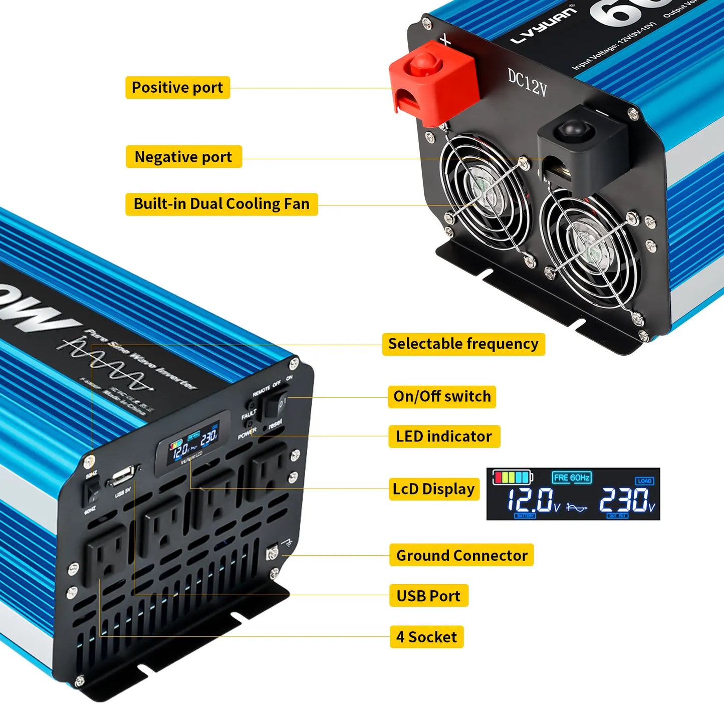 DC12V AC110V 6000W Pure Sine Wave US Socket Off Grid Power Generation System Professional Power Inverter
