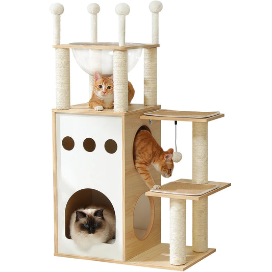 Modern Cat Tree Wooden Cat Tower with Scratching Posts Large Condo Capsule Nest and Dangling Balls