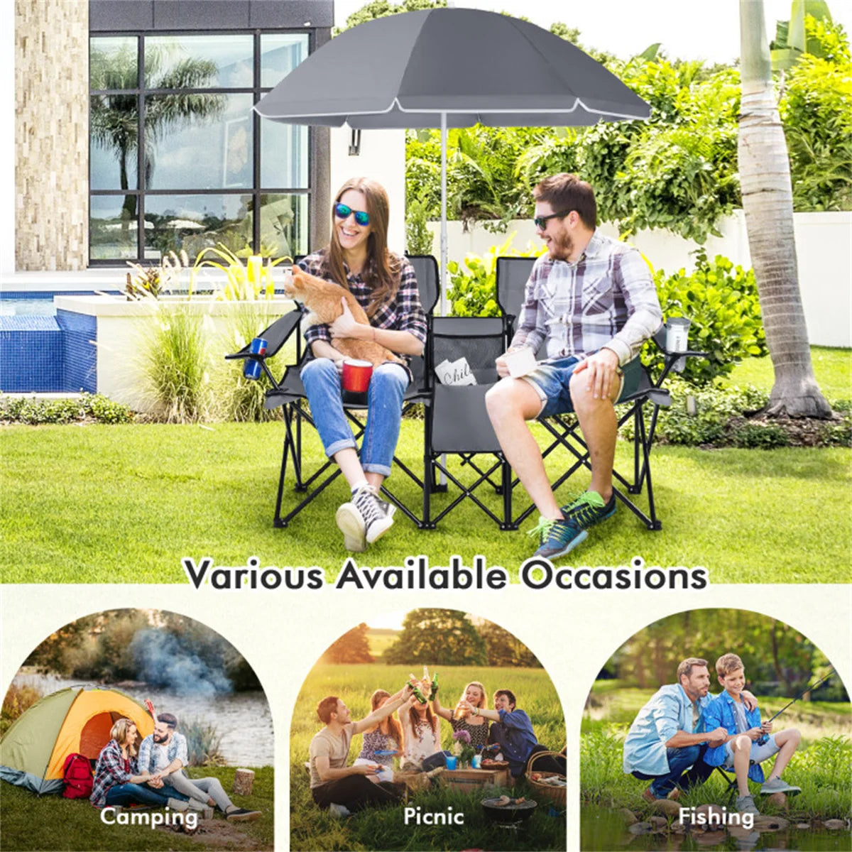 Double Portable Picnic Chairs , Folding Camping   Chairs W / Detachable Umbrella , Cooler Bag , Cup   Holders , Patio Beach Camp