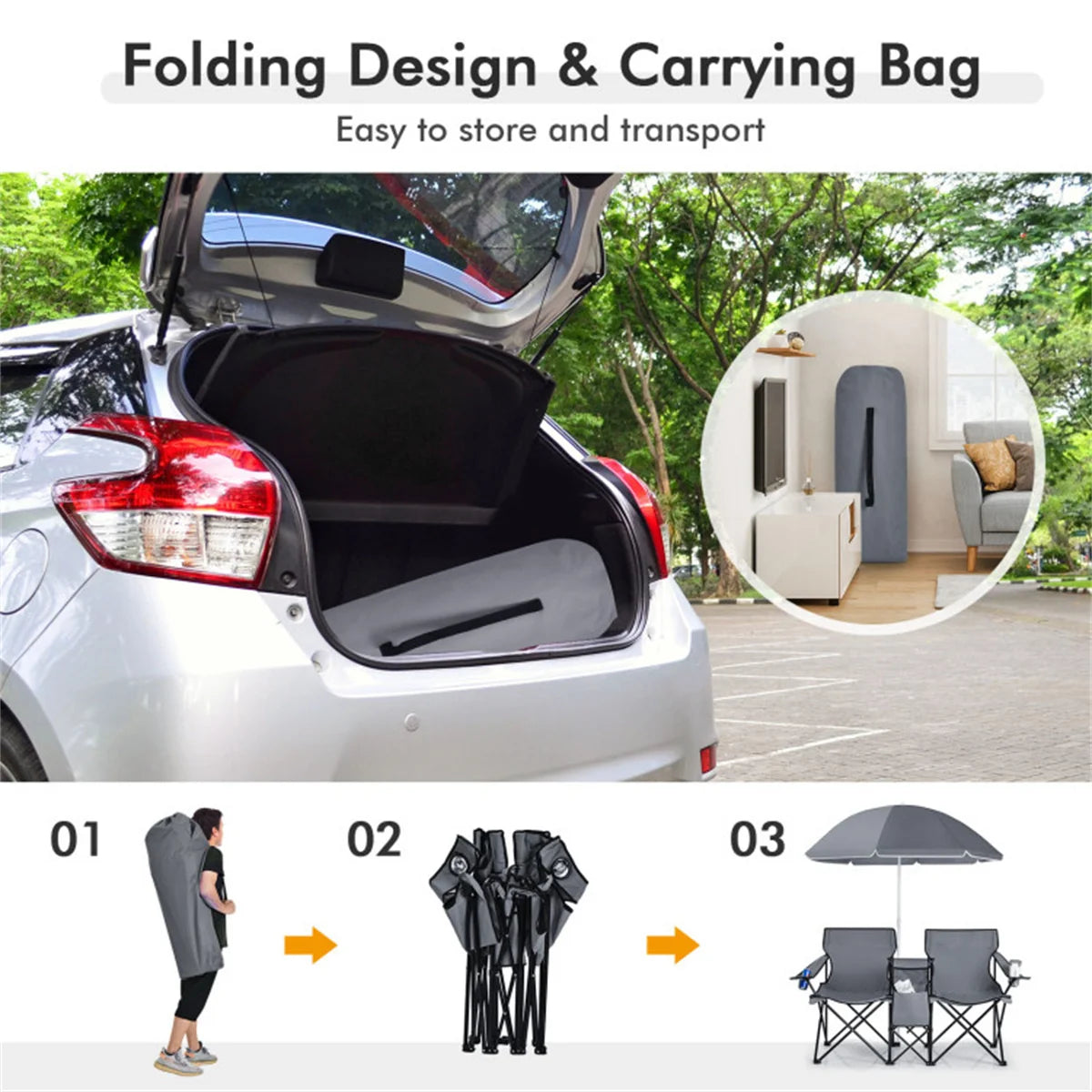 Double Portable Picnic Chairs , Folding Camping   Chairs W / Detachable Umbrella , Cooler Bag , Cup   Holders , Patio Beach Camp