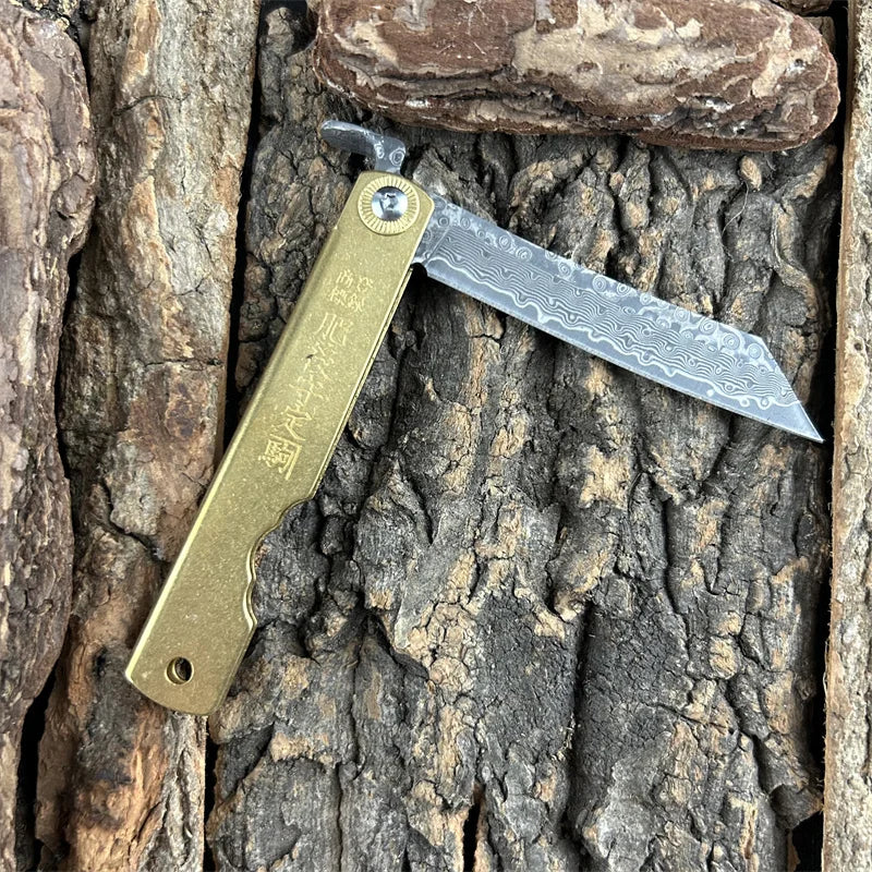 Pocket Folding Knife Damascus Steel Blade Copper Alloy Handle EDC Survival Portable Multi-tool Durable Camping Tools Knives