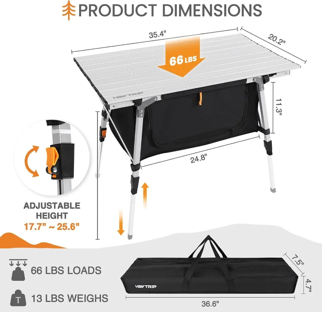 Folding Camping Table with Storage Bag Roll-Up Aluminum Portable Beach Table Adjustable Height Picnic Tables