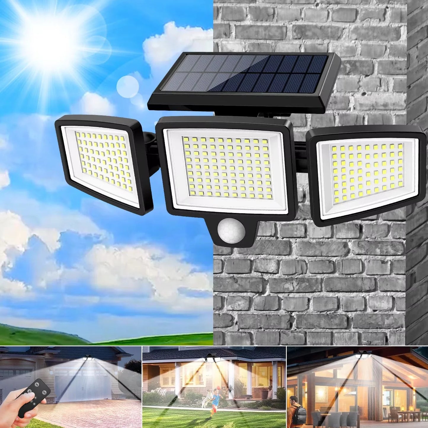 (5/4/3/2/1PCS)IP65Waterproof 3Heads Solar Outdoor Light, 210LED 2500LM Motion Sensor Security Light with Wireless Remote Control