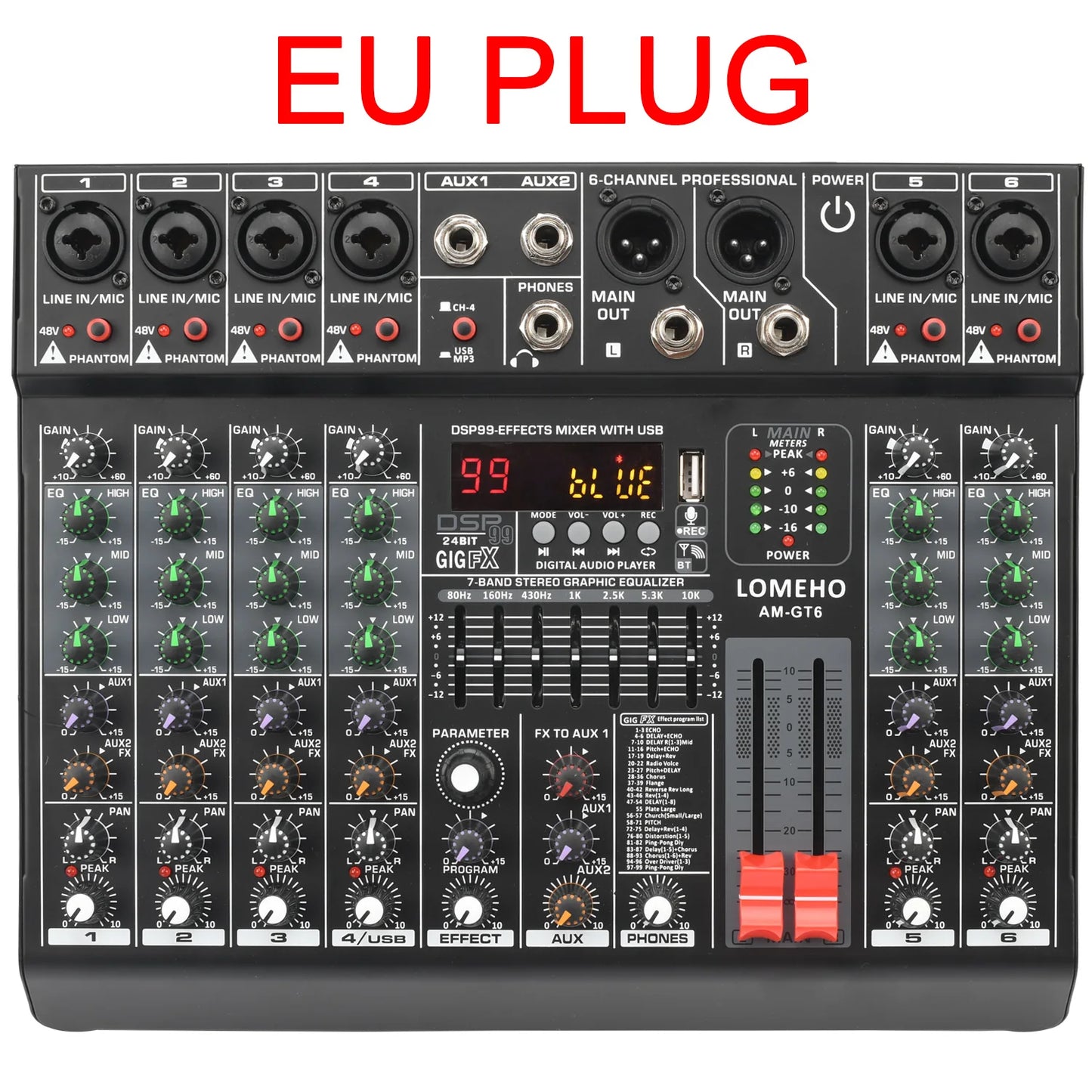 LOMEHO 7 Band EQ Audio Sound Mixer Table 6/8 Channel Mixing DJ Console with USB 2 AUX Output Individual 48V 99 Effect  AM-GT6/8