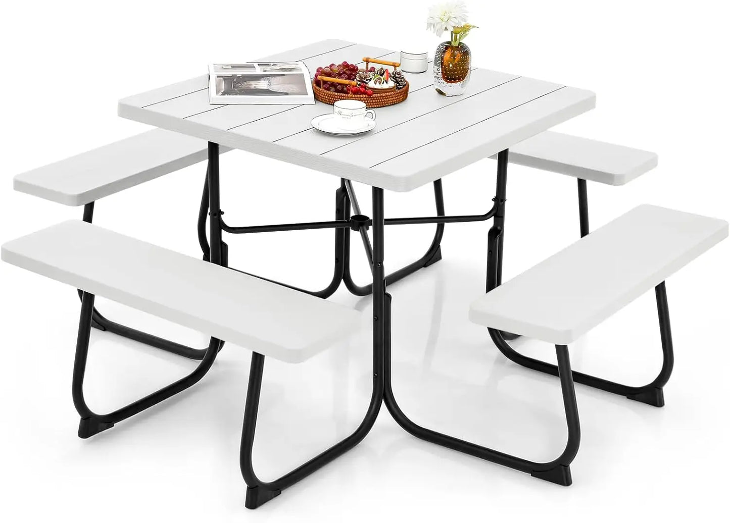 8 Person Picnic Table, Outdoor Square Picnic Table with 4 Built-in Benches, Umbrella Hole, Metal Frame & HDPE Tabletop, Outside