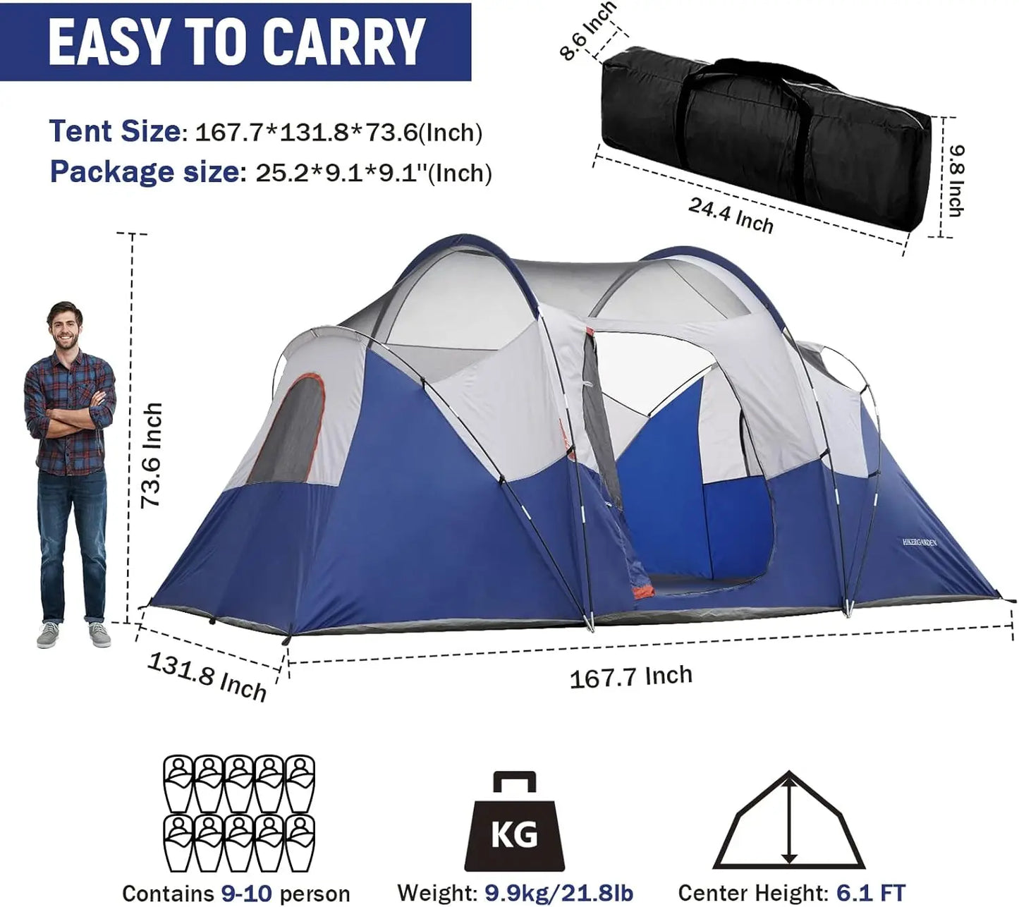 HIKERGARDEN 10 Person Camping Tent - Portable Easy Set Up Family Tent for Camp, Windproof Fabric Dome Tent Outdoor for Hiking