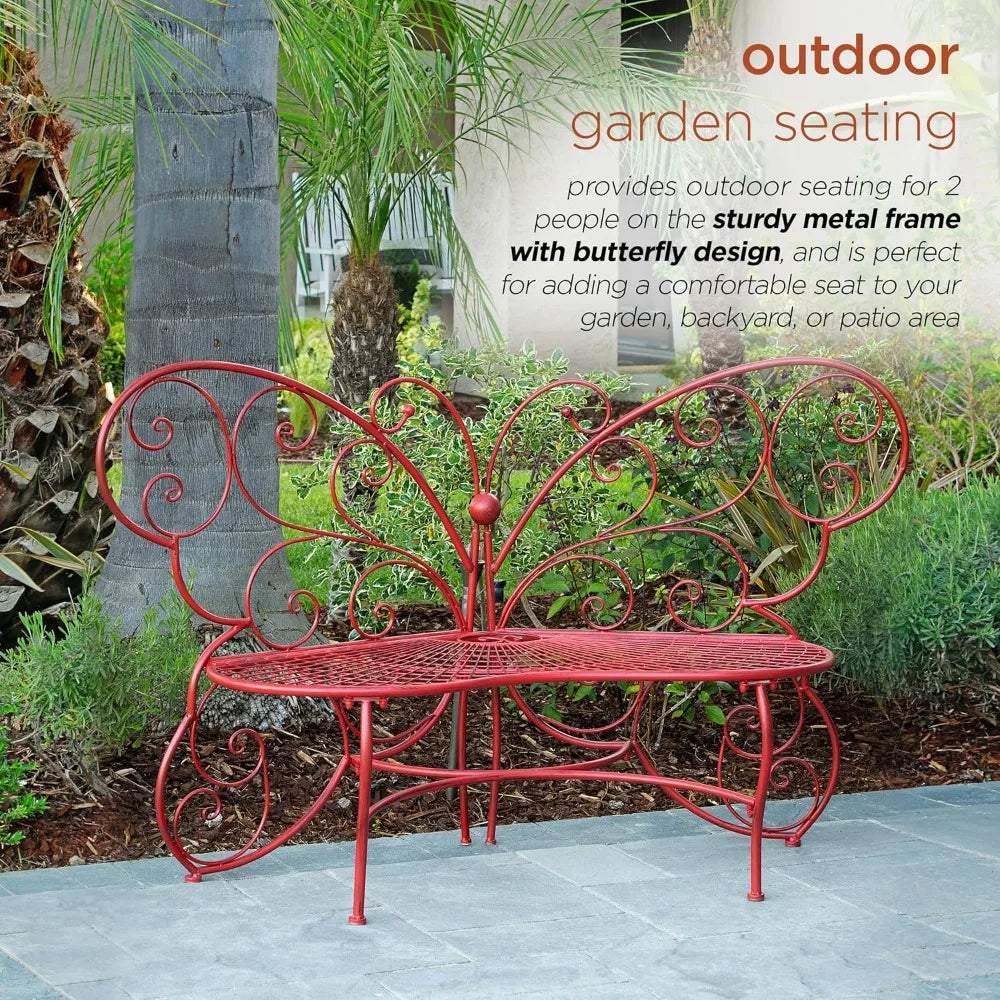 Alpine Corporation 62" x 26" Outdoor 2 Person Metal Butterfly Shaped Garden Bench, Red