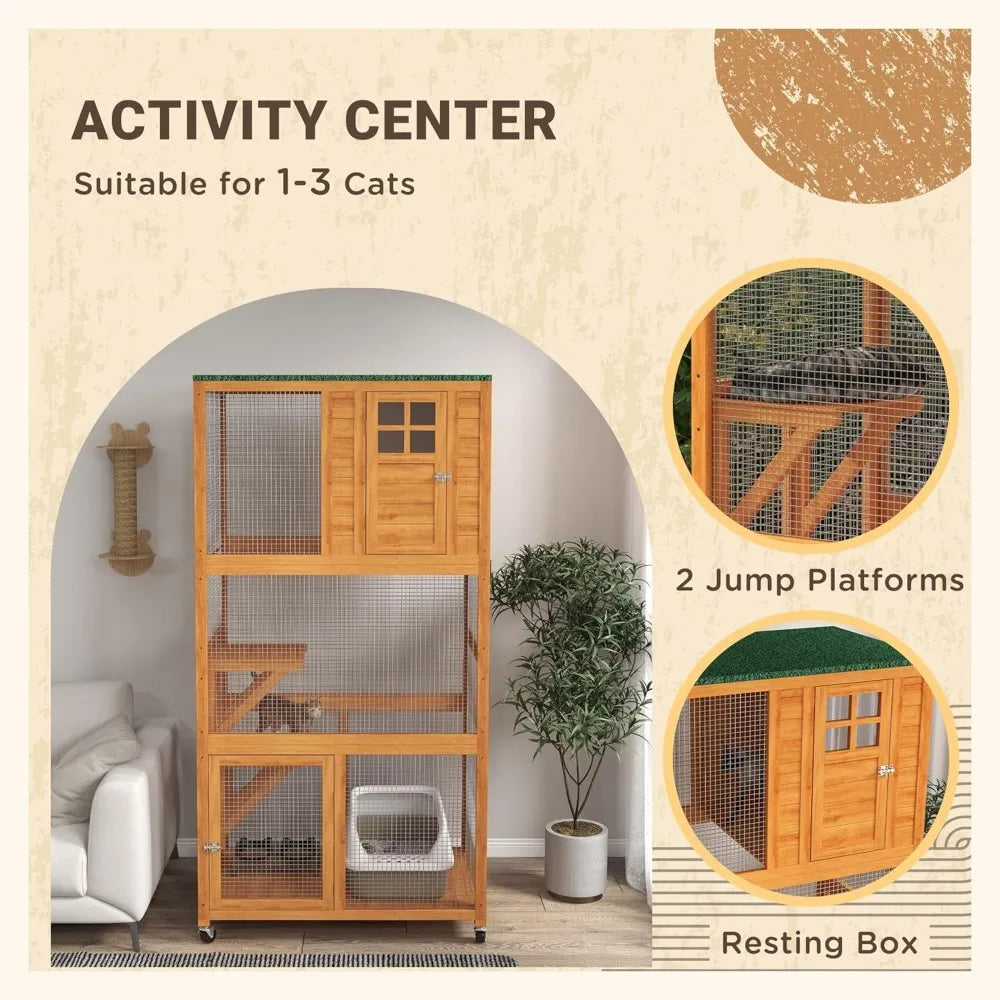 74" Wooden Catio Outdoor Cat House Weatherproof & Wheeled, Outside Cat Enclosure with High Weight Capacity, Kitten Cage Condo,
