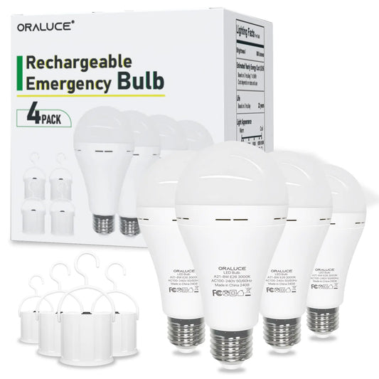 4 Pack E26 Rechargeable Emergency Light Bulb 60 Watt Warm White 3000K Battery Powered Light Bulb LED Battery Operated Light Bulb