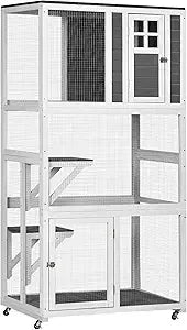 74" Wooden Catio Outdoor Cat House Weatherproof & Wheeled, Outside Cat Enclosure with High Weight Capacity, Kitten Cage Condo,