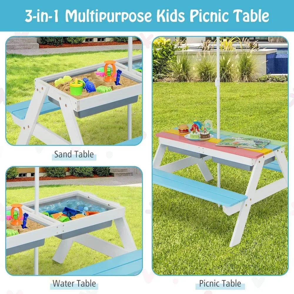 Kids Picnic Table,  Table w/ 2 Removable Box & Umbrella, Kids Picnic Tables for Outdoors Backyard Garden