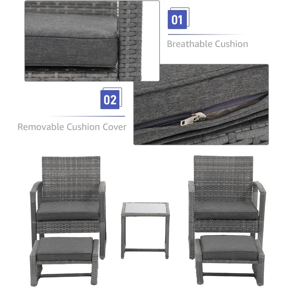 5 Piece Outdoor Patio Wicker Furniture Set, All Weather Grey PE Rattan Chair and Ottoman Footstool Set W/Coffee Table