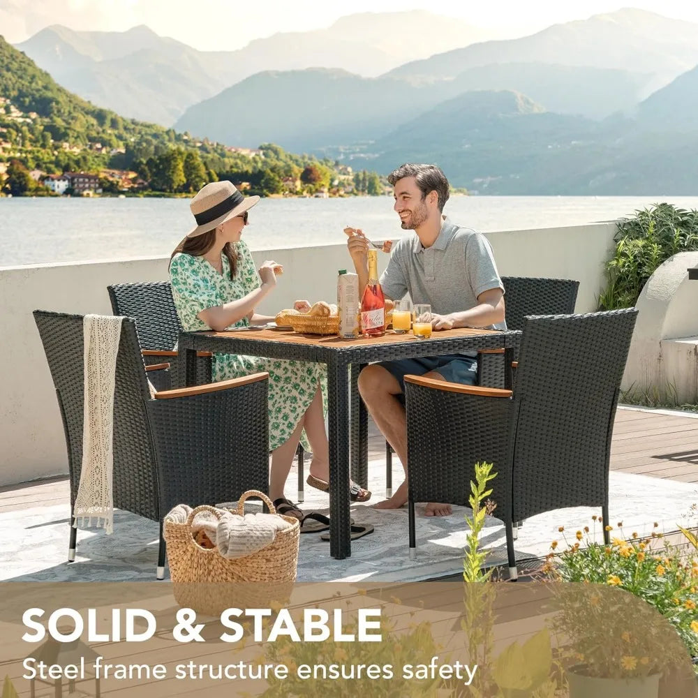 5 PCS Furniture, Patio Conversation Set with Acacia Wood Top,Rattan Outdoor Dining Table and Chairs for Backyard, Garden, Deck,