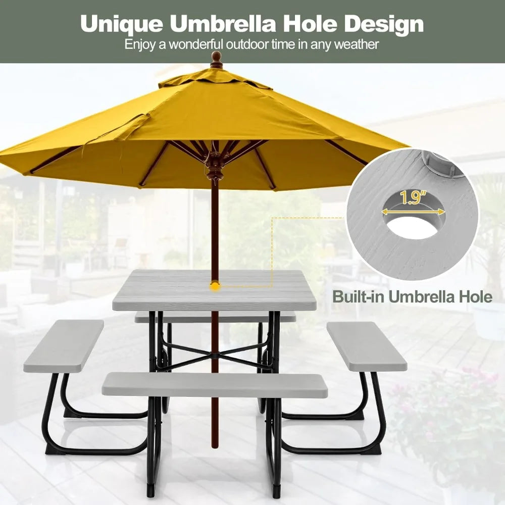8 Person Picnic Table, Outdoor Square Picnic Table with 4 Built-in Benches, Umbrella Hole, Metal Frame & HDPE Tabletop, Outside
