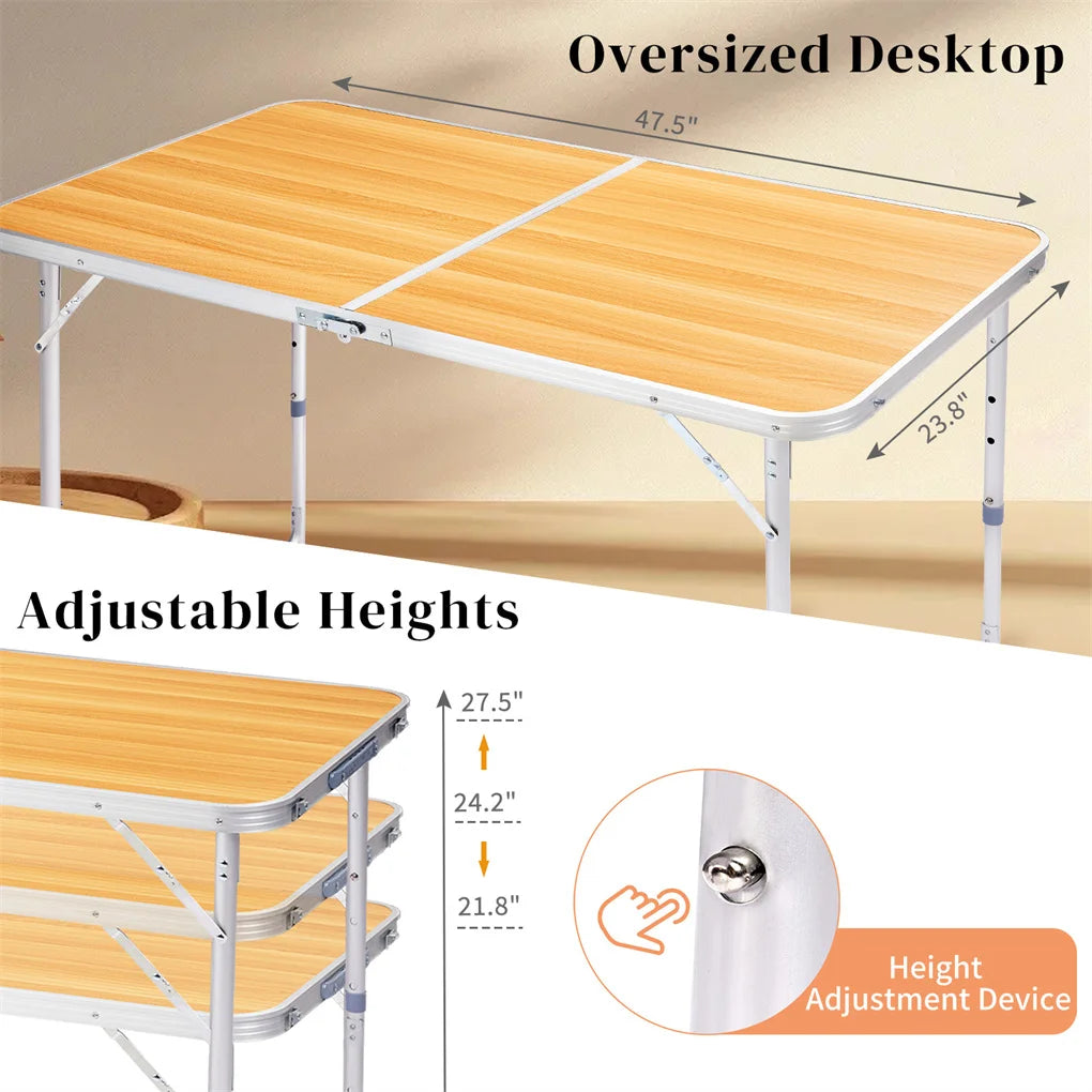 4Ft Folding Table With Carrying Handle Height Adjustable Lightweight Fold Up Portable For Indoor Outdoor