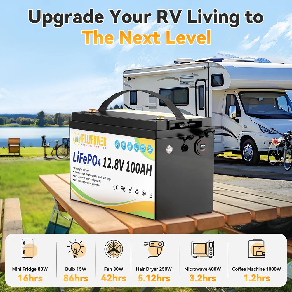 LiFePO4 Battery 12V 100Ah BMS100A Rechargeable Lithium Battery Pack For Inverter Solar Off-Road Off-grid Solar Energy Deep Cycle