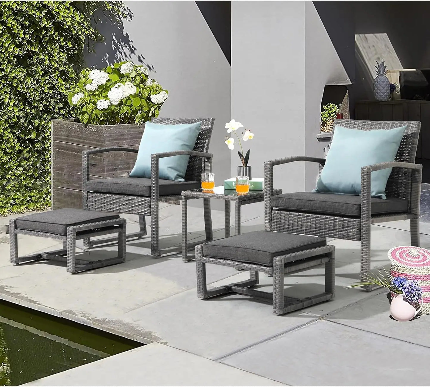 5 Piece Outdoor Patio Wicker Furniture Set, All Weather Grey PE Rattan Chair and Ottoman Footstool Set W/Coffee Table