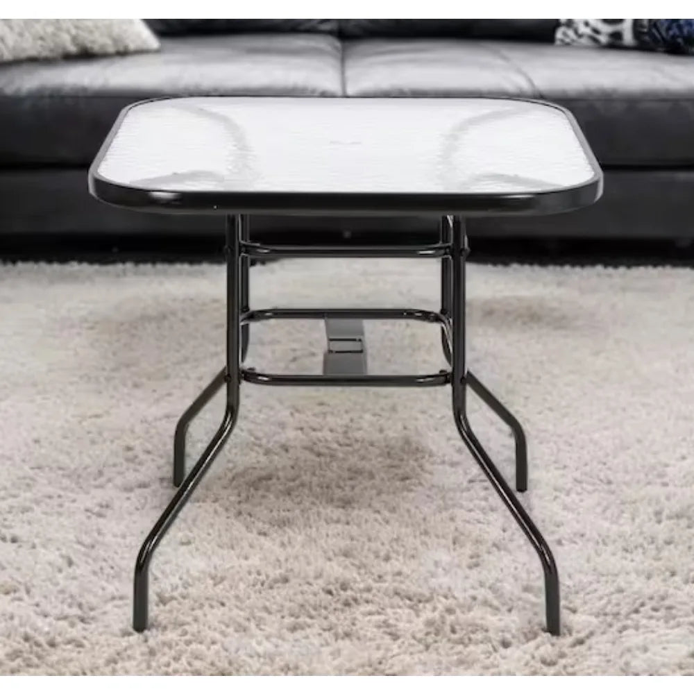 Outdoor Dining Table with 1.8” Umbrella Hole,Coffee Table with Toughened Glass Top, Patio Glass Side Table for Backyard