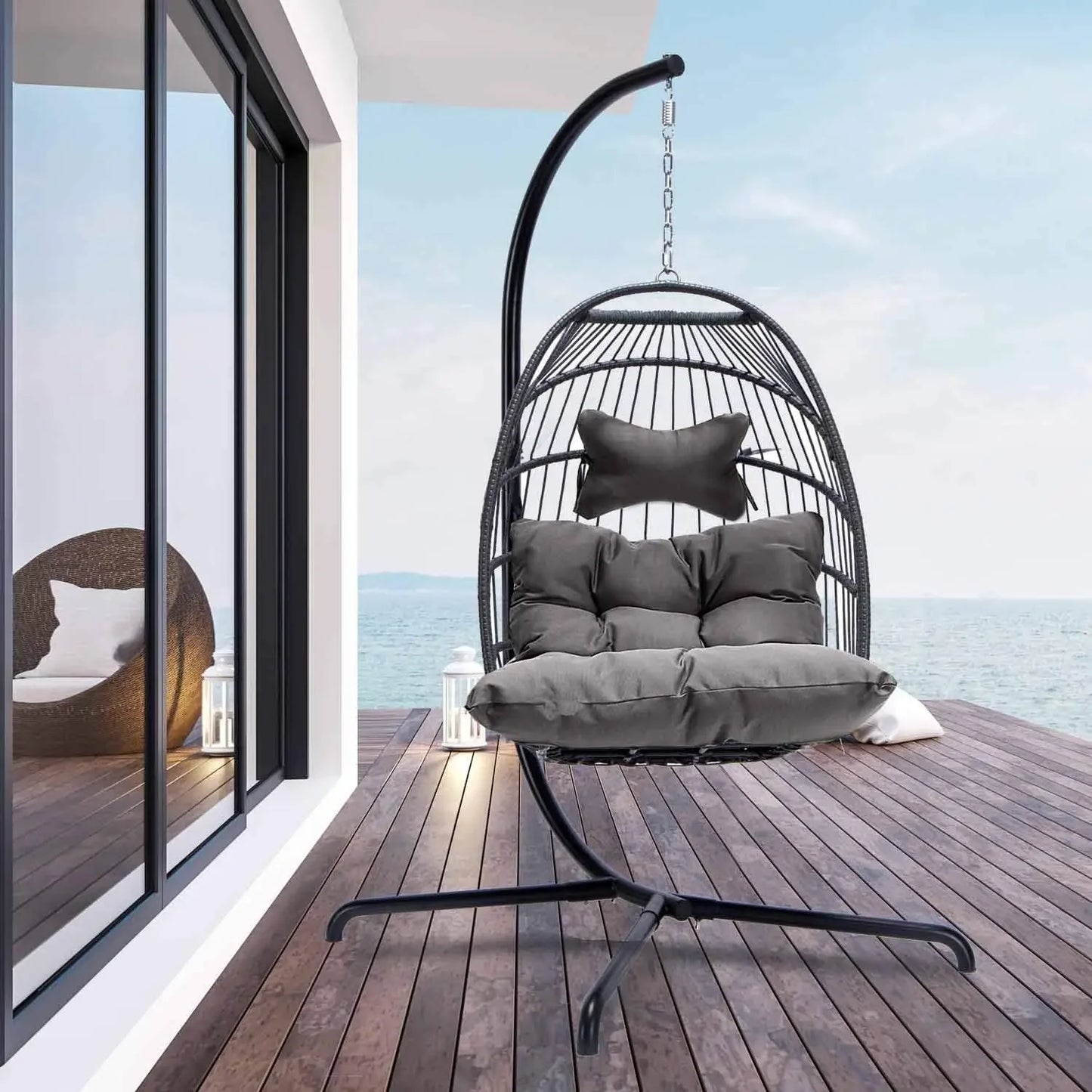 Swing Egg Chair Indoor Outdoor Patio Wicker Hanging Chair with Stand All Weather Egg Hammock Chairs with Cushions Swinging Chair